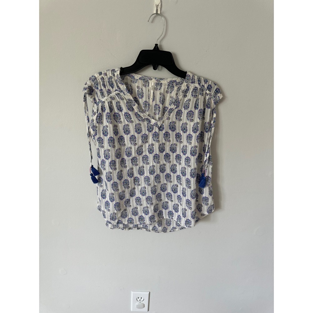 Anthropologie Blue Floral Tassel Tie Shoulder Metallic Stripe Blouse XS - Picture 3 of 9